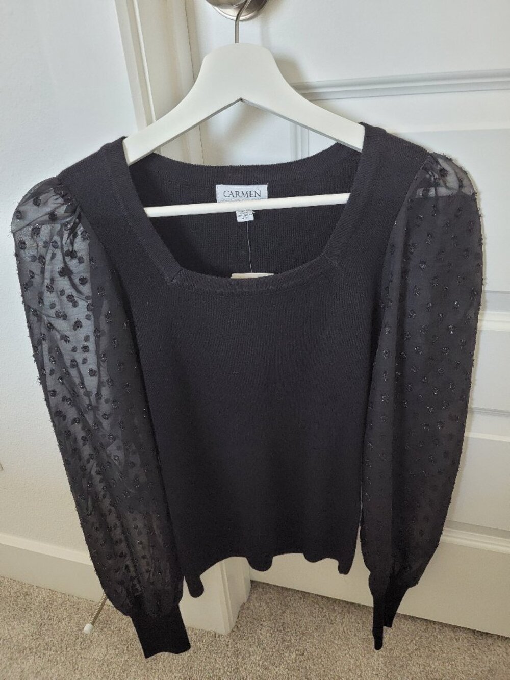 Carmen Black Ribbed Knit Top Square Neck Sheer Puff Sleeve Clip Dot Blouse NWT